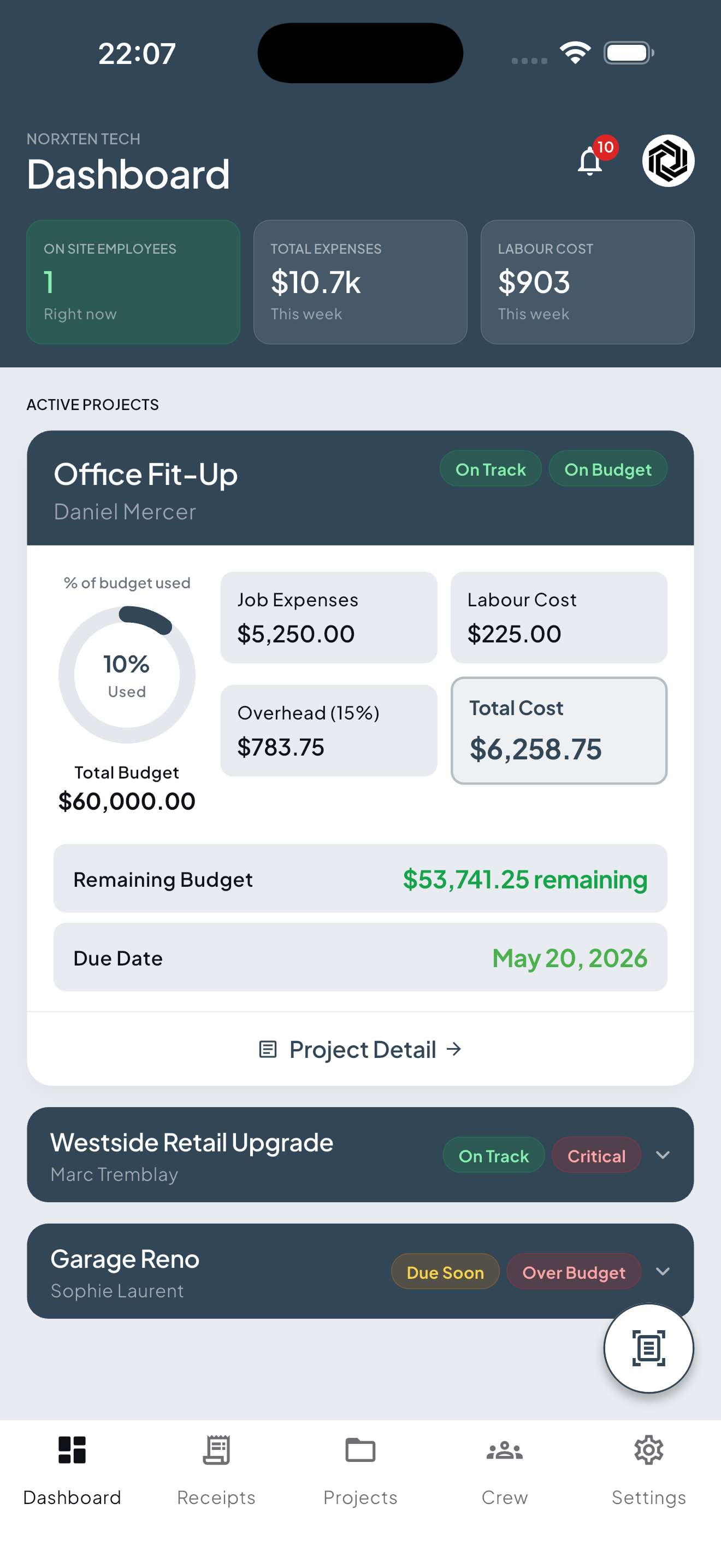 Project cost dashboard in Norxten Core